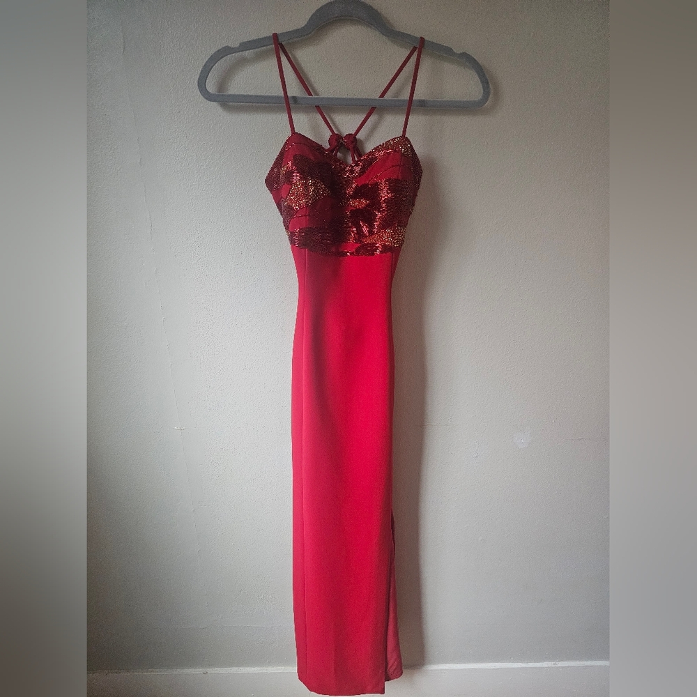 Precious Formals Elegant Red Beaded Dress